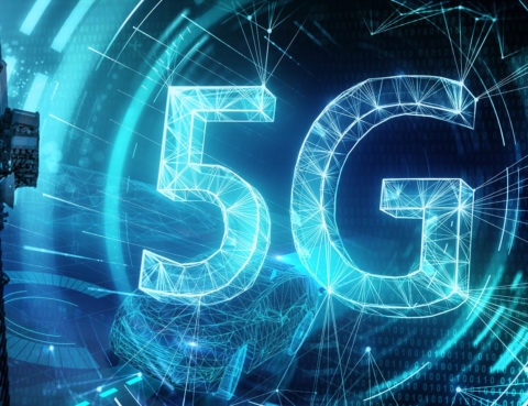 Creative glowing 5G backdrop. Mobile internet concept. 3D Rendering